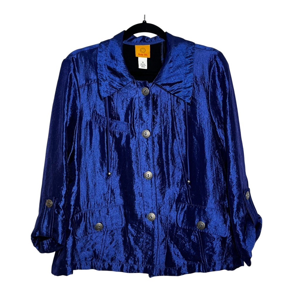 Ruby Rd Womens Royal Blue Crinkle Metallic‎ Button Front Jacket Size 10 Roll Tab